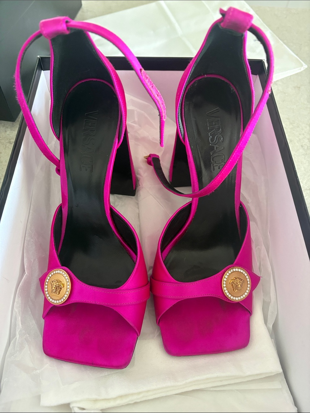 Versace Fuchsia Satin Ankle-Strap Heels with Medusa Button